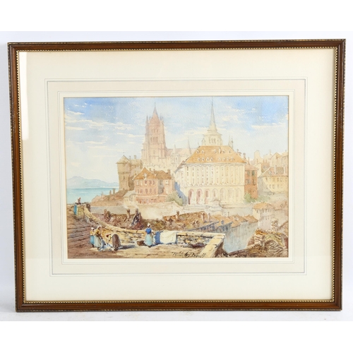 2255 - Pierre Le Boeuff, pair of watercolours, Lausanne and Lisieux, 28cm x 37cm, framed