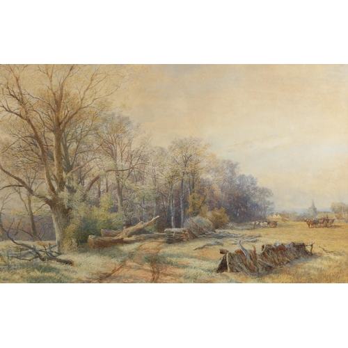 2256 - 19th century watercolour, timber workers in a landscape, unsigned, 35cm x 55cm, framed