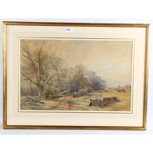 2256 - 19th century watercolour, timber workers in a landscape, unsigned, 35cm x 55cm, framed