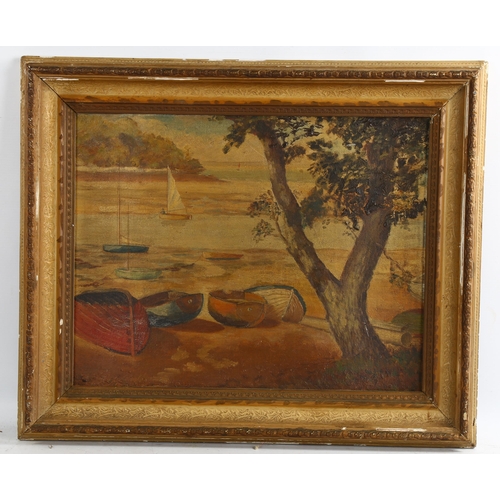 2260 - Early to mid-20th century oil on board, boats on the estuary, unsigned, 35cm x 44cm, framed