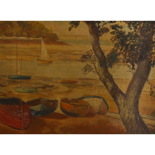 2260 - Early to mid-20th century oil on board, boats on the estuary, unsigned, 35cm x 44cm, framed