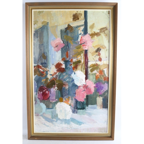 2261 - Contemporary oil on board, abstract still life, unsigned, 89cm x 54cm, framed