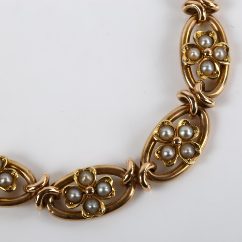 128 - A Victorian 15ct rose gold split pearl clover panel bracelet, circa 1880, length 17cm, 14.5g