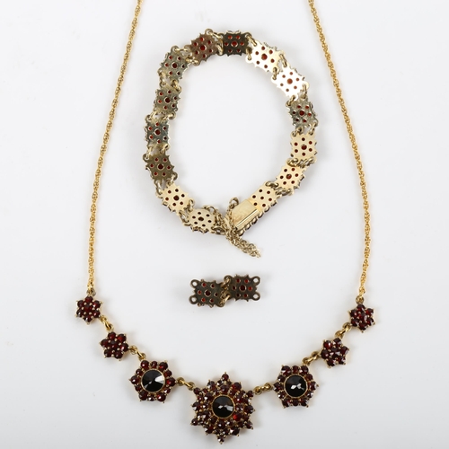 360 - A Danish vermeil sterling silver and garnet jewellery set, comprising necklace and bracelet, necklac... 