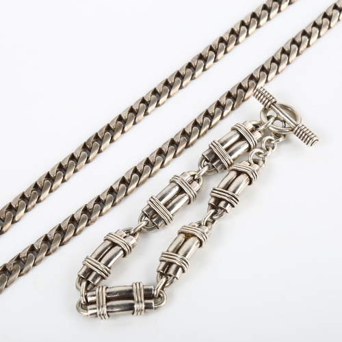 361 - A heavy silver fancy link bracelet, length 19cm, and a flat curb link chain necklace, length 40cm, 7... 