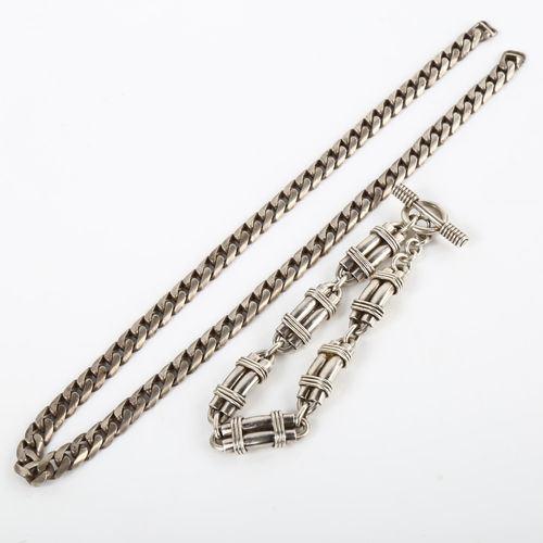 361 - A heavy silver fancy link bracelet, length 19cm, and a flat curb link chain necklace, length 40cm, 7... 