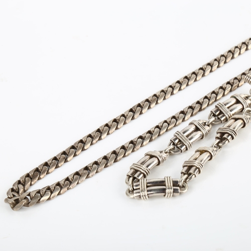 361 - A heavy silver fancy link bracelet, length 19cm, and a flat curb link chain necklace, length 40cm, 7... 