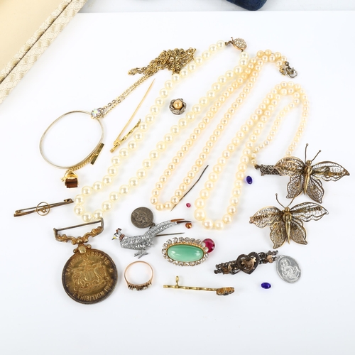 364 - Various jewellery, including unmarked gold five stone ring mount, 1.5g, unmarked yellow metal bamboo... 