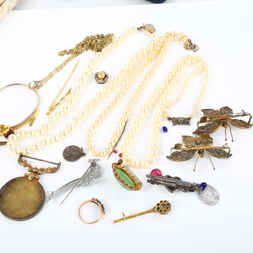 364 - Various jewellery, including unmarked gold five stone ring mount, 1.5g, unmarked yellow metal bamboo... 