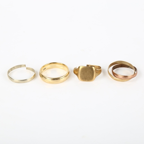 365 - 3 x 9ct gold rings, including wedding (size R) and signet, 11g total (3)