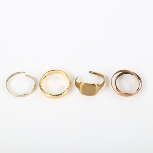 365 - 3 x 9ct gold rings, including wedding (size R) and signet, 11g total (3)