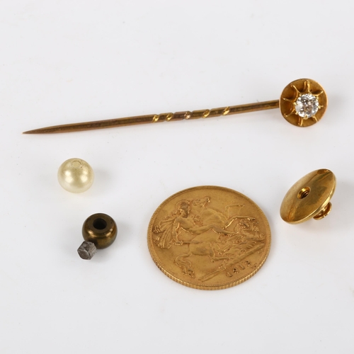 368 - Various gold jewellery, including George V 1912 half sovereign coin, diamond stick pin, 18ct stud ba... 