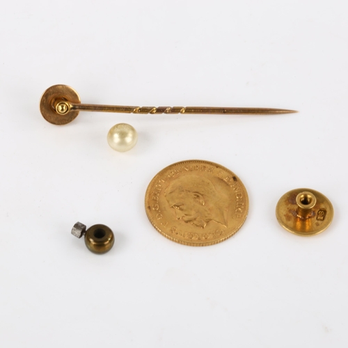 368 - Various gold jewellery, including George V 1912 half sovereign coin, diamond stick pin, 18ct stud ba... 