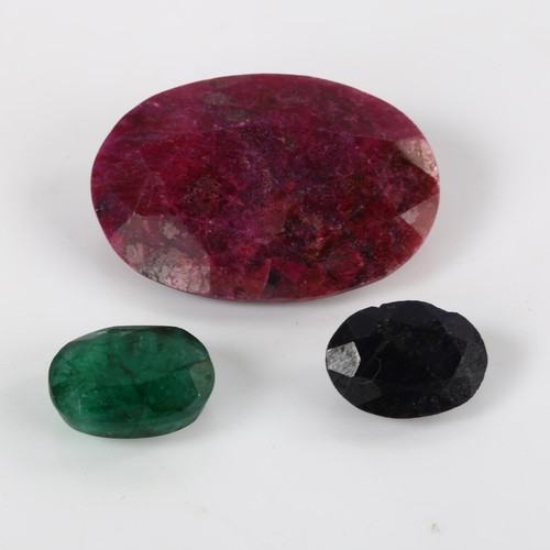 379 - 3 unmounted gemstones, comprising 8.4ct sapphire, 42.87ct ruby, and 8.81ct emerald, all with GLI rep... 