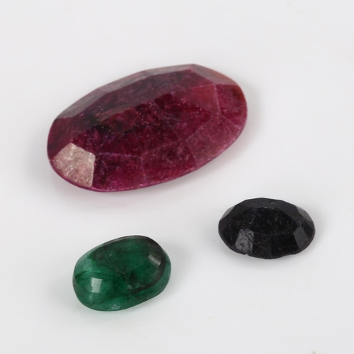 379 - 3 unmounted gemstones, comprising 8.4ct sapphire, 42.87ct ruby, and 8.81ct emerald, all with GLI rep... 