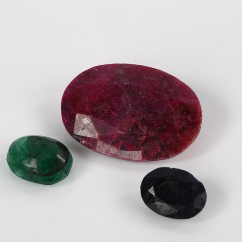 379 - 3 unmounted gemstones, comprising 8.4ct sapphire, 42.87ct ruby, and 8.81ct emerald, all with GLI rep... 