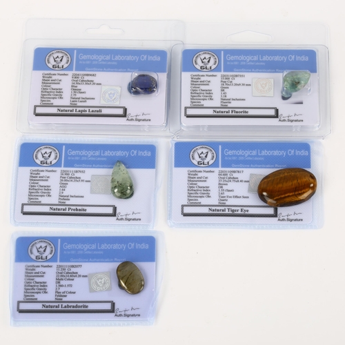 382 - 5 unmounted gemstones, comprising 9.8ct lapis lazuli, 64.6ct cabochon tiger eye, 11.25ct labradorite... 