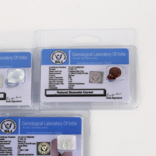 383 - 3 unmounted gemstones, comprising 9.2ct hessonite garnet, 2.15ct aquamarine, and 11.7ct aquamarine, ... 