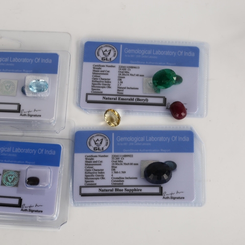 386 - A group of 5 unmounted gemstones, comprising 14.45ct emerald, 33.2ct sapphire, 8.65ct blue topaz, 12... 