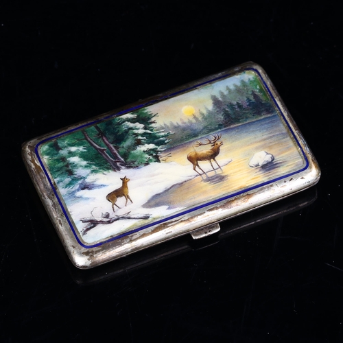 410 - An Austrian silver and enamel cigarette case, with hand painted Nordic snowy river scene with stag, ... 