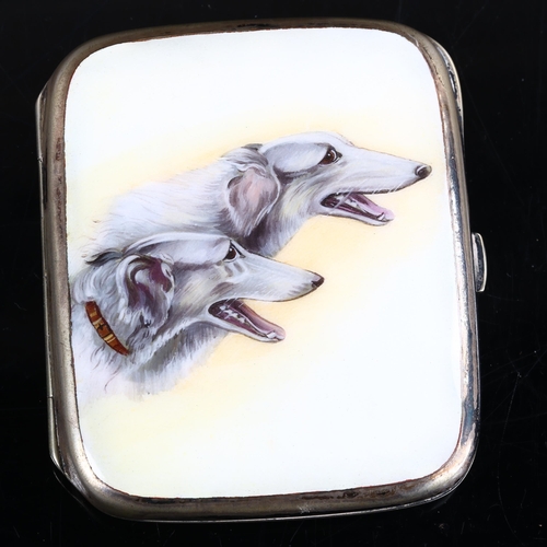 411 - A silver plated enamel Borzoi dog cigarette case, with hand painted panel and gilt interior, 9cm x 7... 