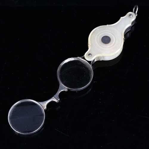 412 - A pair of Antique mother-of-pearl lorgnettes, unmarked white metal settings, case length 6.5cm