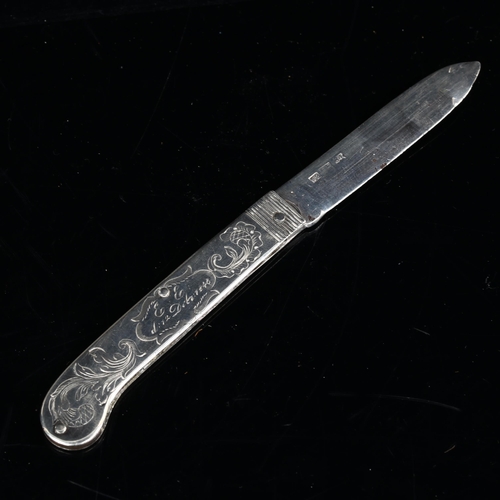 413 - A mid-19th century Russian silver fruit knife, engraved flower and bird decoration, dated 1848, make... 