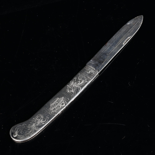 413 - A mid-19th century Russian silver fruit knife, engraved flower and bird decoration, dated 1848, make... 