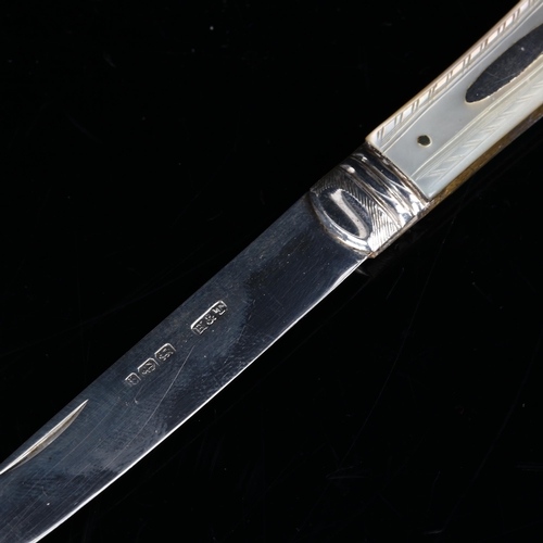 415 - An Edwardian silver-bladed mother-of-pearl fruit knife, engraved fruit decoration, by Hilliard & Tho... 