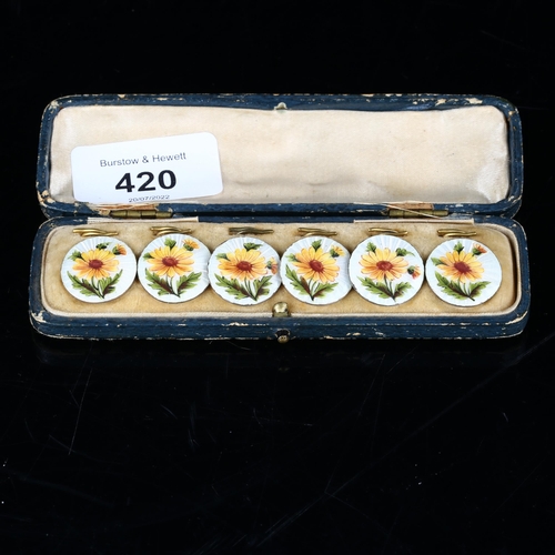 420 - A set of 6 Art Nouveau Edwardian silver and enamel daisy buttons, by Lawrence Emanuel, hallmarks Bir... 