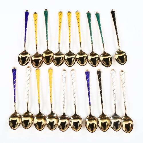 427 - EGON LAURIDSEN - a set of 19 Danish vermeil sterling silver and harlequin enamel coffee spoons, leng... 