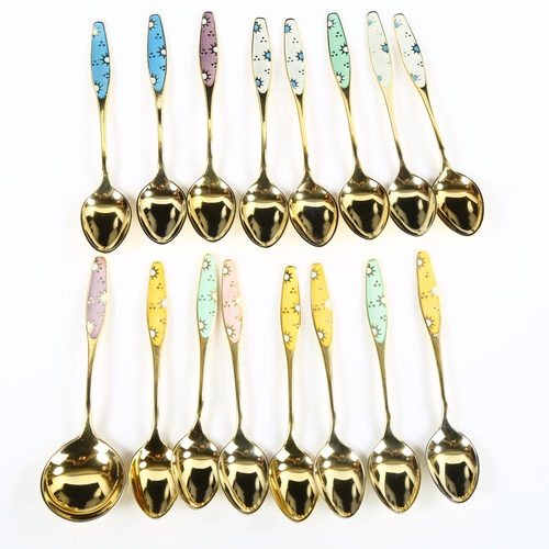 428 - FRIGAST - a set of 15 Danish vermeil sterling silver and harlequin enamel sunburst coffee spoons, an... 