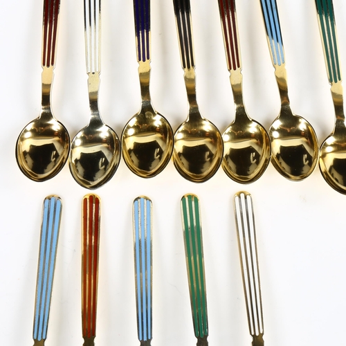 430 - ANTON MICHELSEN - a set of 12 Danish vermeil sterling silver and harlequin enamel coffee spoons, len... 