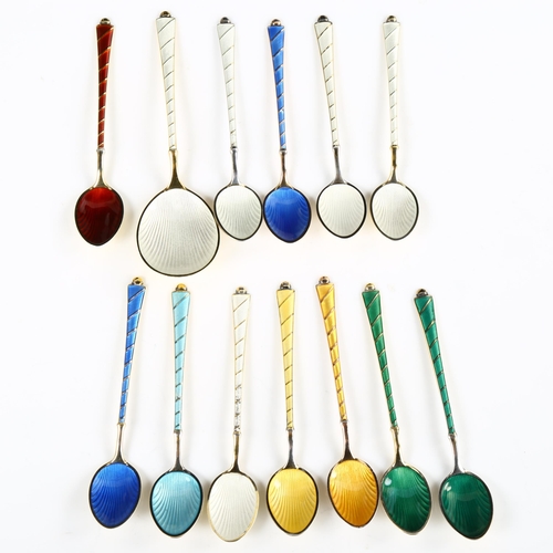 431 - EGON LAURIDSEN - a set of 12 Danish vermeil sterling silver and harlequin enamel coffee spoons and a... 