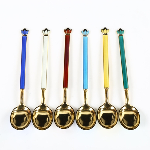 432 - DAVID ANDERSEN - a set of 6 Danish vermeil sterling silver and harlequin enamel coffee spoons, with ... 