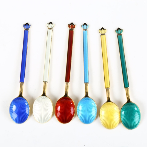 432 - DAVID ANDERSEN - a set of 6 Danish vermeil sterling silver and harlequin enamel coffee spoons, with ... 