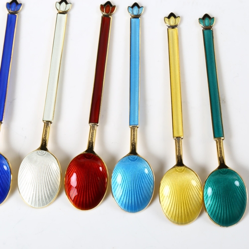 432 - DAVID ANDERSEN - a set of 6 Danish vermeil sterling silver and harlequin enamel coffee spoons, with ... 