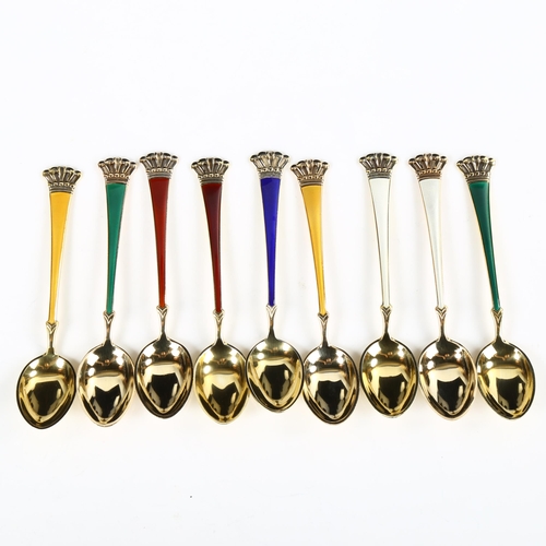 433 - EGON LAURIDSEN - a set of 9 Danish vermeil sterling silver and harlequin enamel coffee spoons, lengt... 