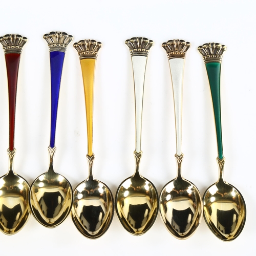 433 - EGON LAURIDSEN - a set of 9 Danish vermeil sterling silver and harlequin enamel coffee spoons, lengt... 