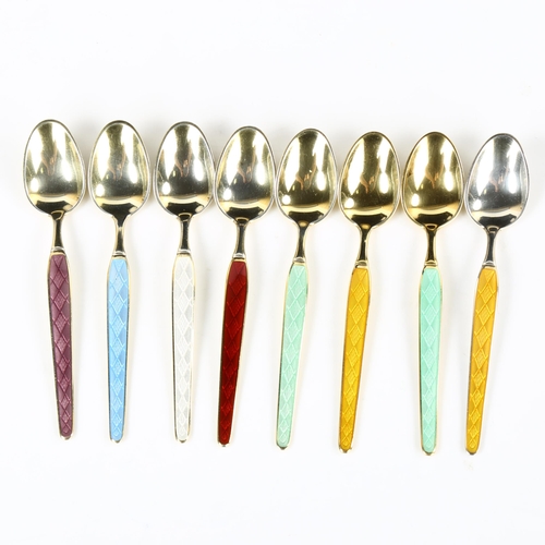 435 - ABSA - a set of 8 Danish vermeil sterling silver and harlequin enamel coffee spoons, length 9.5cm