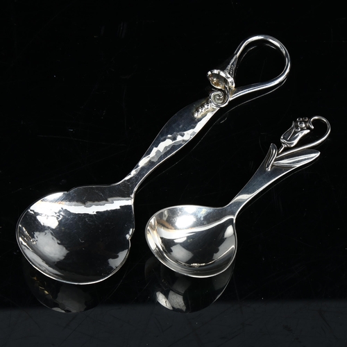 436 - An Art Nouveau Danish silver caddy spoon and similar preserve spoon, largest length 14.5cm, 1.4oz to... 