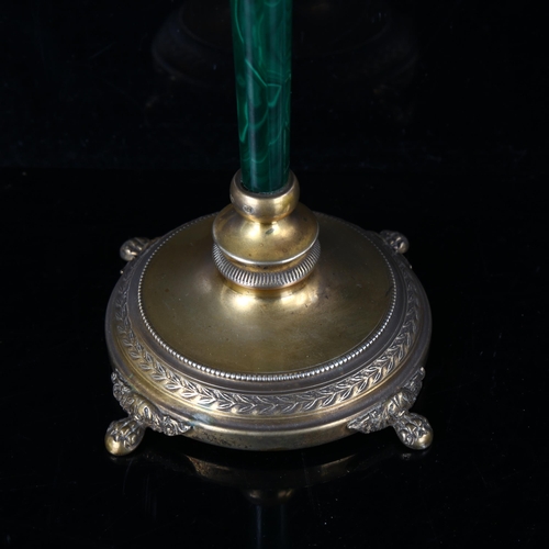 440 - A pair of Italian silver-gilt malachite twin-branch table candlesticks, with foliate supports and li... 