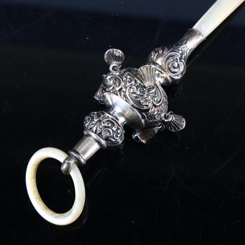 444 - An Edwardian silver mother-of-pearl baby rattle, with bells and teething ring, by Sydney & Co, hallm... 