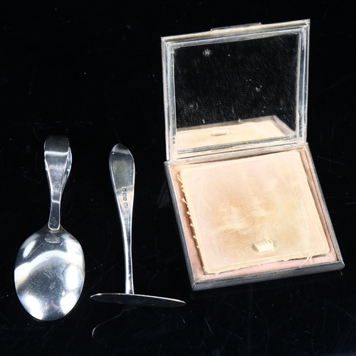 454 - Various silver, comprising engine turned compact, and christening spoon and pusher set, cased (2)