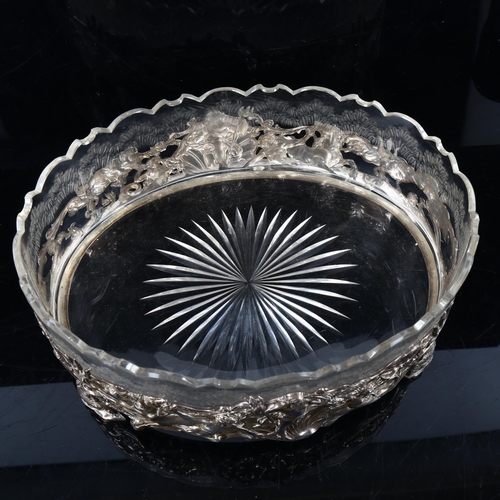 460 - A large Neptune table centre fruit bowl, with unmarked silver relief embossed rim, and etched glass ... 