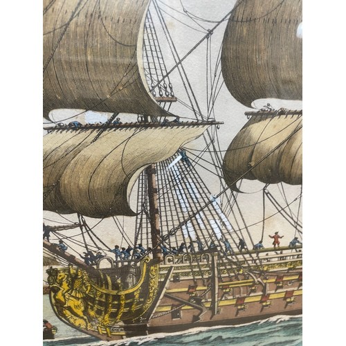 2104 - E Kirkall, after Baston, pair of hand coloured engravings, sea battle scenes, image 40cm x 50cm, fra... 