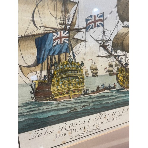 2104 - E Kirkall, after Baston, pair of hand coloured engravings, sea battle scenes, image 40cm x 50cm, fra... 