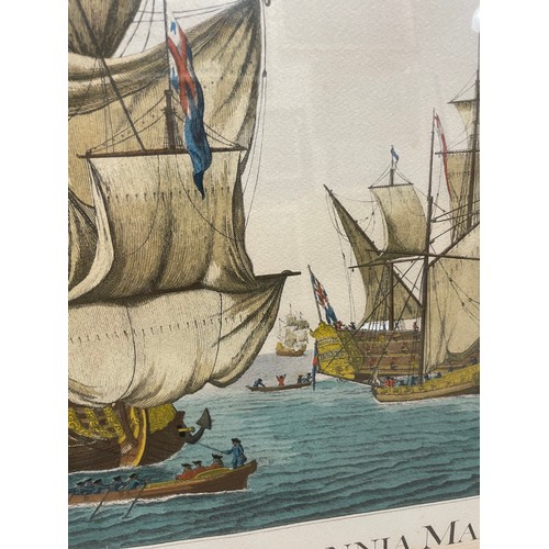 2104 - E Kirkall, after Baston, pair of hand coloured engravings, sea battle scenes, image 40cm x 50cm, fra... 