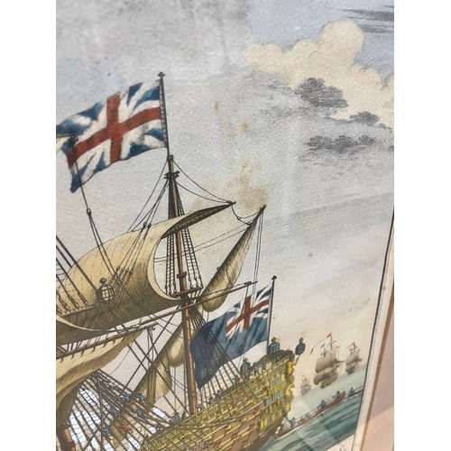 2104 - E Kirkall, after Baston, pair of hand coloured engravings, sea battle scenes, image 40cm x 50cm, fra... 