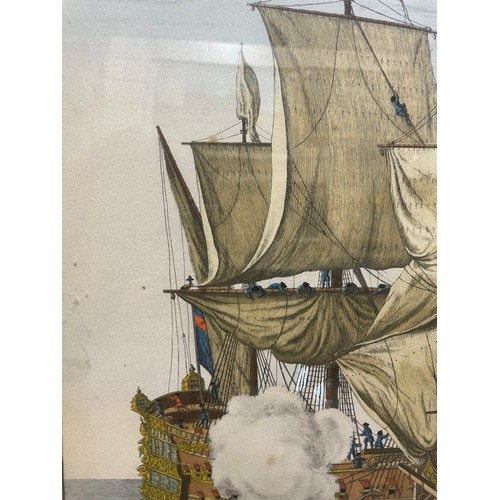 2104 - E Kirkall, after Baston, pair of hand coloured engravings, sea battle scenes, image 40cm x 50cm, fra... 